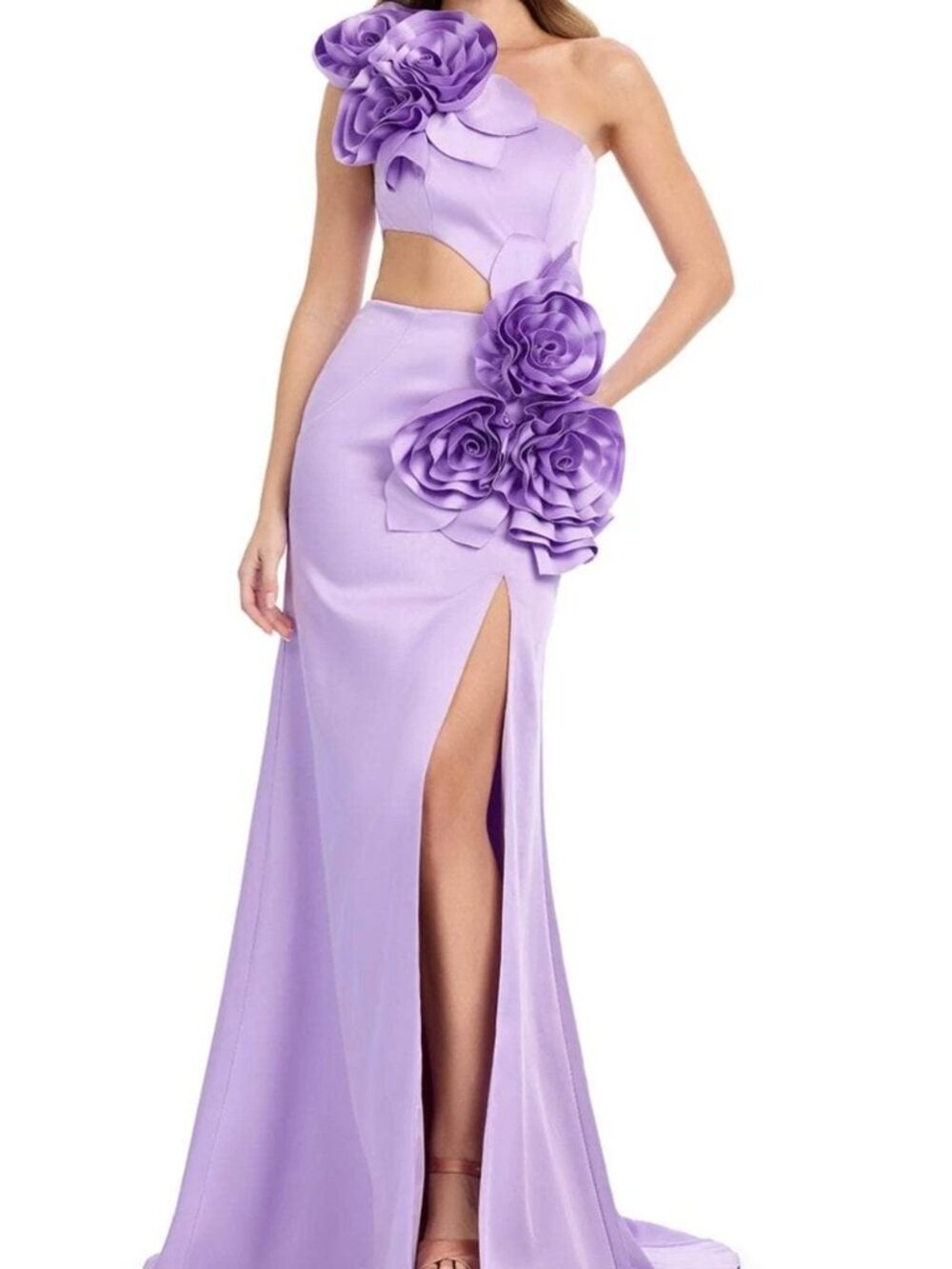Ashley Lauren Lilac Purple 3D Floral One Shoulder Satin Dress